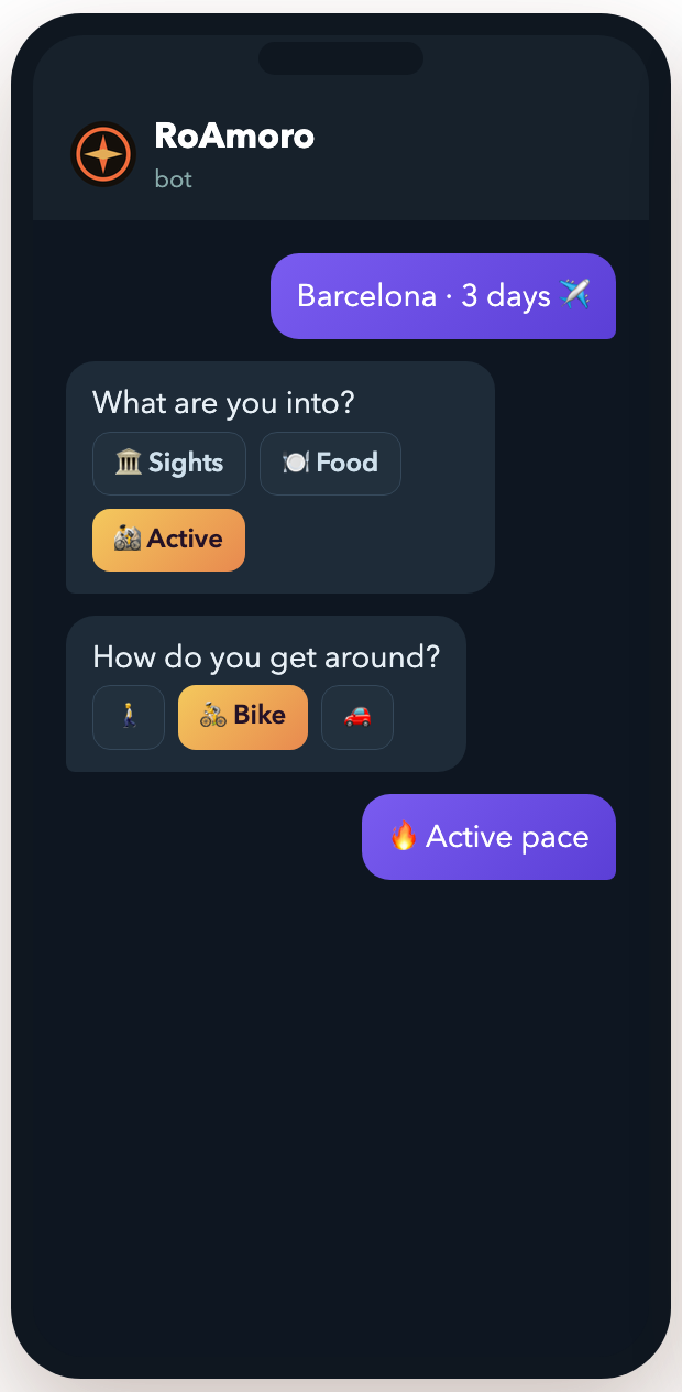 RoAmoro app screen